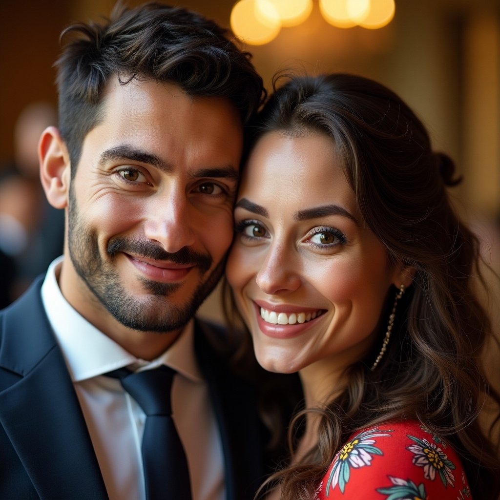 Couple standing close together, wearing elegant attire. Intimate setting with warm lighting.