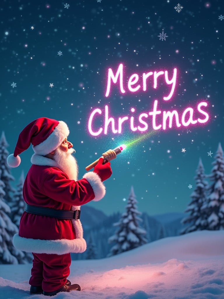 Santa Claus wearing a red suit. Writing 'MERRY CHRISTMAS' in colorful glow in the sky. Winter landscape with snow-covered trees. Nighttime with stars.