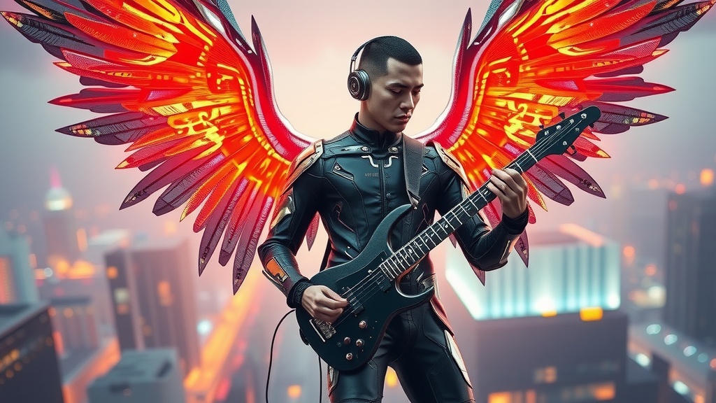 This digital artwork features a futuristic musician with luminous red and orange wings, playing an electric guitar while standing against a blurred city backdrop. Dressed in a sleek black suit and wearing headphones, the figure embodies a blend of modern technology and mythical elements, creating a dynamic presence that stands out vividly against the soft-focus urban scenery.