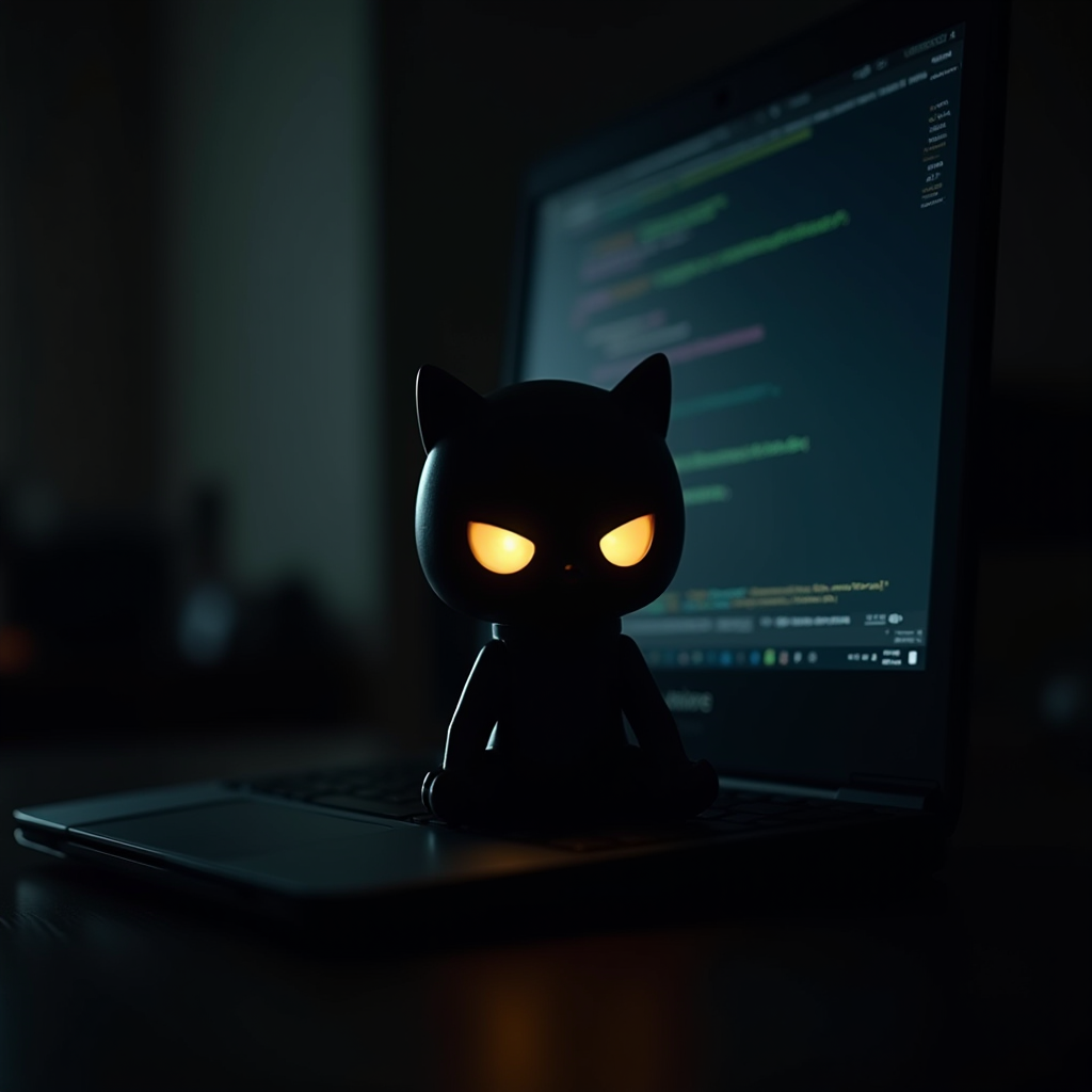 A small black figurine with glowing eyes sits on a laptop keyboard in a dimly lit room, with programming code visible on the screen in the background.