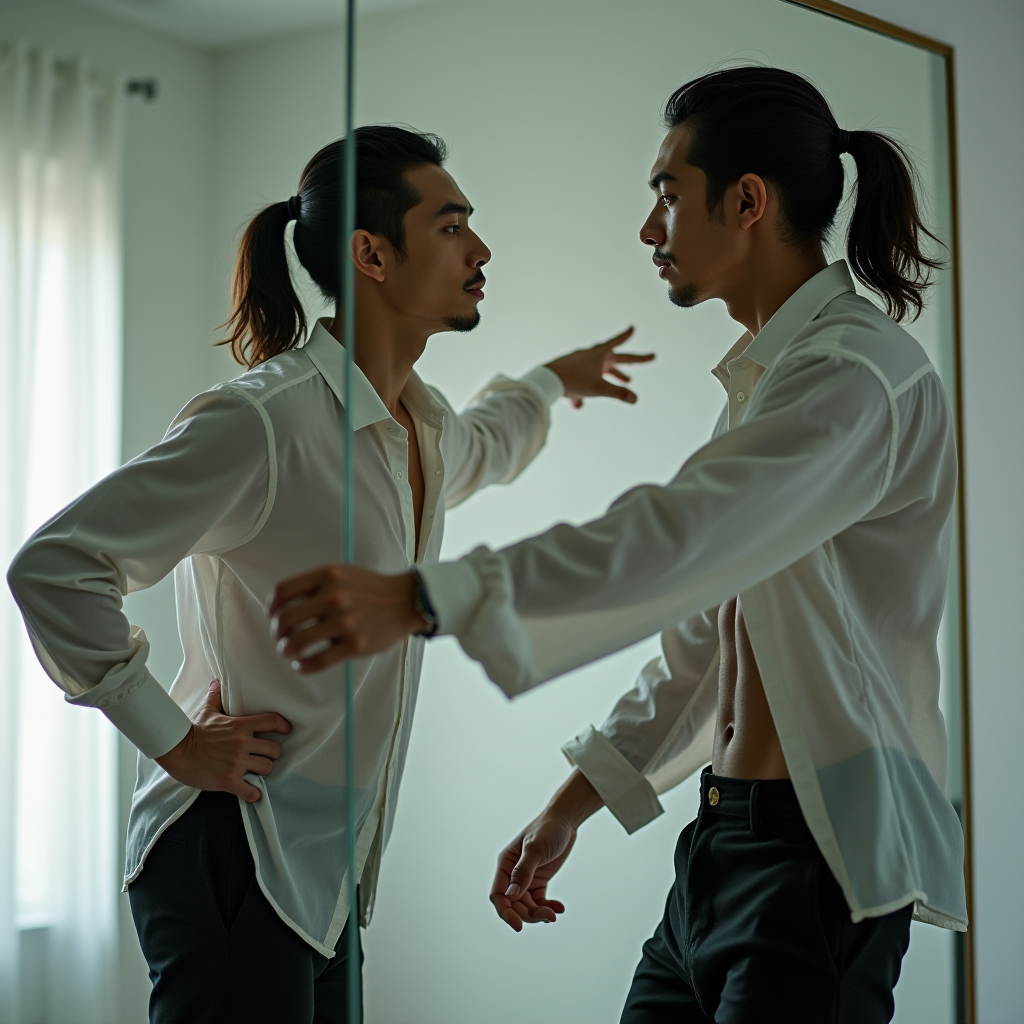 A man with a ponytail is introspectively engaging with his reflection in a mirror.