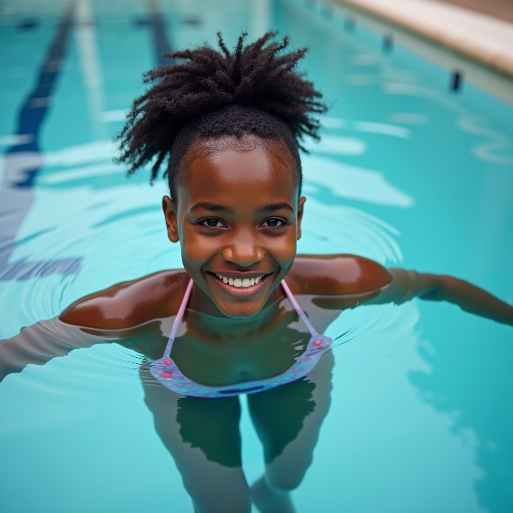 child smiling in a swimming pool, wearing swimwear, bright lighting, joyful expression