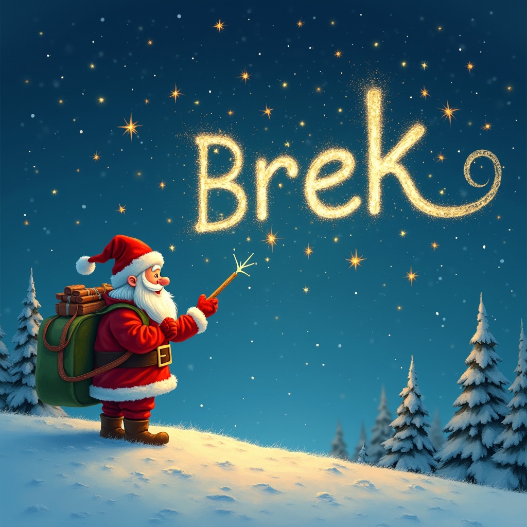 The image features Santa Claus, dressed in his iconic red outfit, joyfully writing the word 'Brek' in sparkling golden letters against a star-filled night sky. He is standing on a snowy hill with pine trees in the background, holding a magic wand that emits the sparkles. A large green sack filled with gifts is slung over his shoulder. The overall atmosphere is whimsical and festive, evoking the magic of Christmas. This image is perfect for illustrating holiday cheer and the spirit of giving.