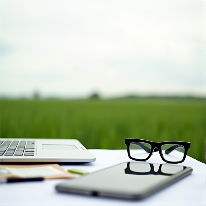 A laptop, tablet, and glasses are on a table with a green field in the background.