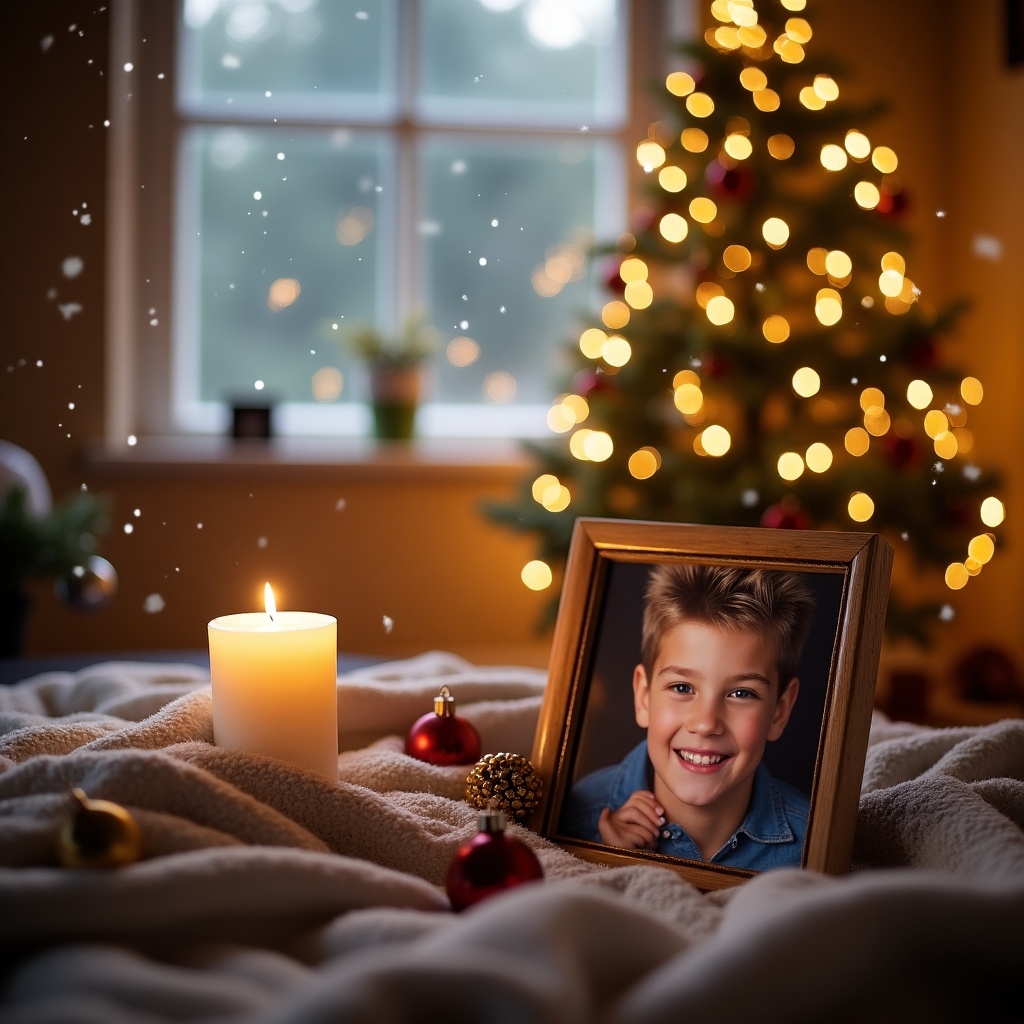 This image captures the essence of a heartfelt Christmas memorial. A cozy setting features a candle and a framed photo of a boy named Luke, evoking cherished memories. The background is softly illuminated by a Christmas tree adorned with lights. Snowflakes gently fall, adding to the serene ambiance. It's a touching reminder of love that endures beyond. The warm tones create a festive yet reflective mood, perfect for honoring a loved one during the holiday season.