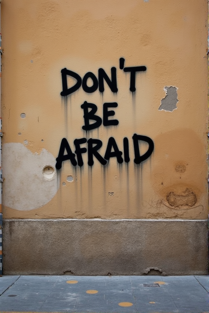 A yellow wall with the words 'DON'T BE AFRAID' spray-painted in black.