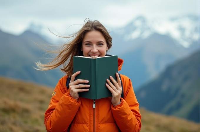 A person in an orange jacket smiles while holding a book in a mountainous landscape.