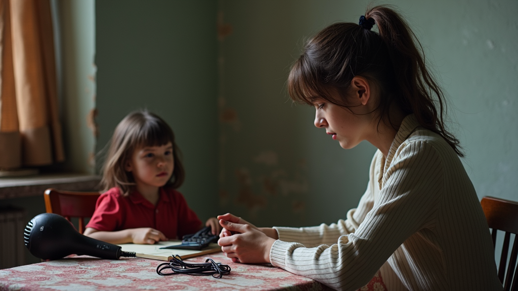 A woman and a child sit at a table in a dimly lit room, each absorbed in their own thoughts or activities.