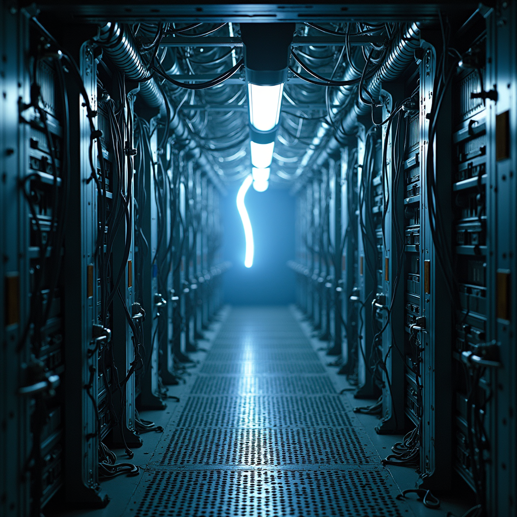 A dimly lit hallway in a data center features rows of servers and a bright overhead light.