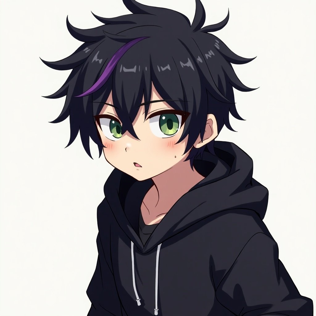 Short kid with shaggy black hair and dark purple streaks. Sharp green eyes. Wears dark hoodie with hood up. Lean build. Casual and a bit grungy style. Edgy persona.