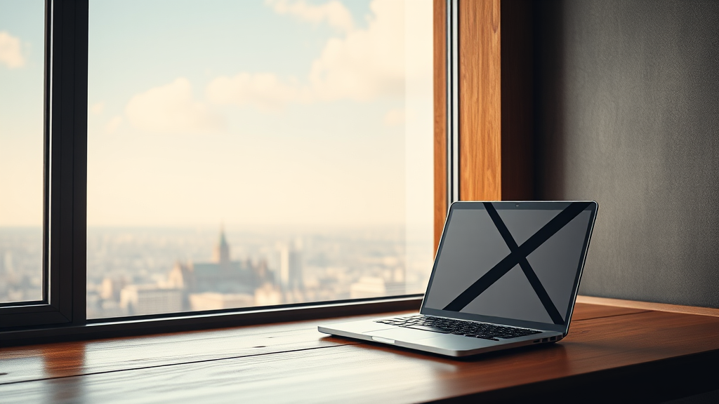 A laptop sits on a wooden desk near a large window with a cityscape in the background.