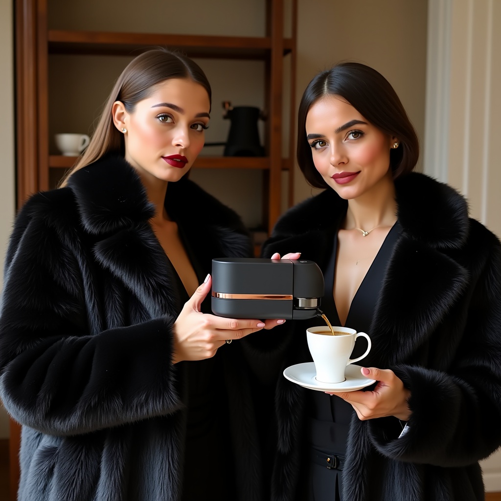 Two women dressed in luxurious fur coats and tuxedos. One woman holds a black portable espresso machine with a rose gold design. The machine pours coffee into a cup held by the other woman.