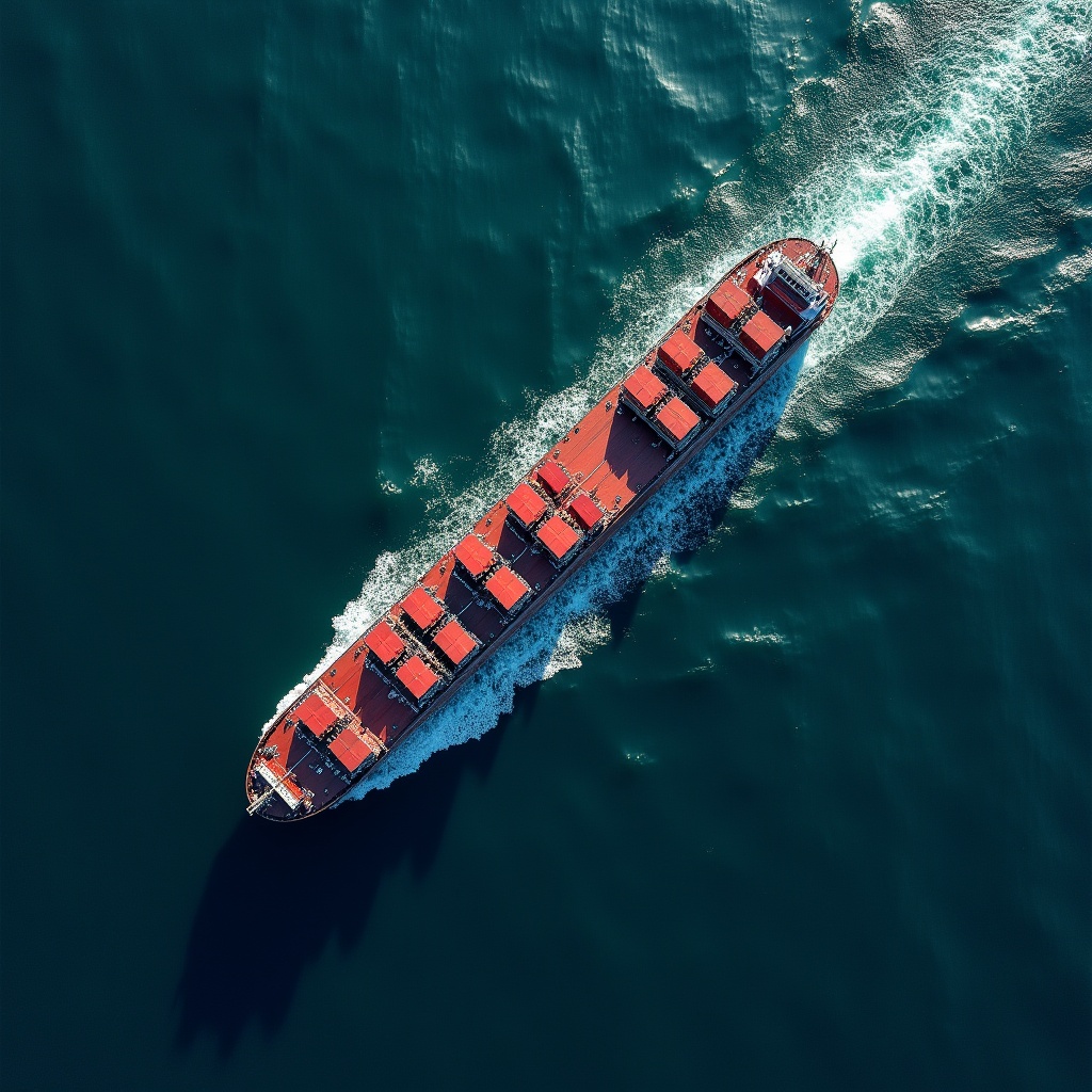 This image shows a large container ship captured from a satellite or drone perspective. The ship is moving through deep blue waters, leaving a wake behind it. The containers stacked on the ship's deck are primarily red, creating a striking contrast against the blue ocean. The lighting is bright, highlighting the movement through the water. This view emphasizes the scale and importance of maritime transport in global trade.