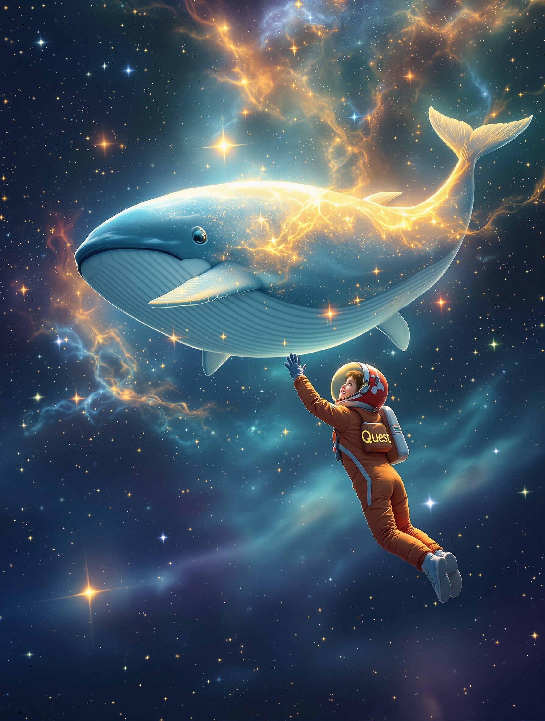 Astronaut girl floating in space. Starry sky as backdrop. Colorful space suit with 'Quest' embroidered. Reaching towards a giant whale swimming. Whale has luminous scales and a peaceful expression. Cosmic dust and nebulae enhance the scene. Captures childhood imagination and curiosity.