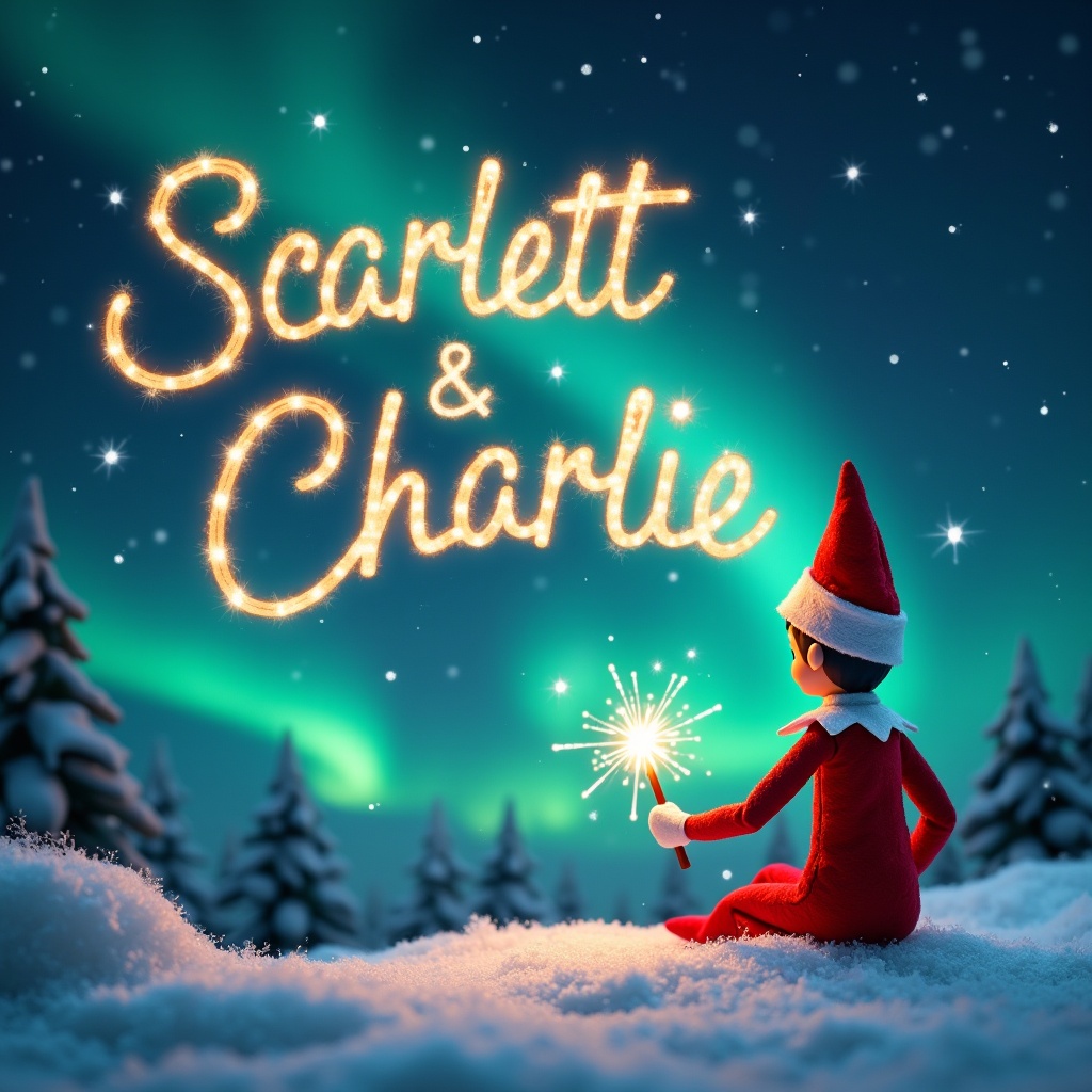 This image depicts an Elf on the Shelf sitting in a snowy landscape, facing the sky. The elf is using a magic wand to write the names 'Scarlett & Charlie' in sparkling letters against a backdrop of magical Christmas ambiance. The sky is illuminated with northern lights, enhancing the festive atmosphere. Snow-covered trees surround the elf, adding to the wintery scene. This charming depiction showcases the wonder of the holiday season through the eyes of a beloved Christmas character.