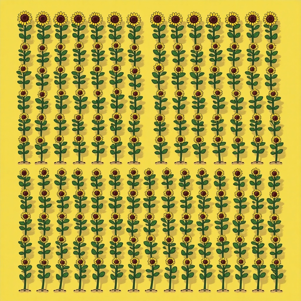 A layout design featuring rows of sunflowers. The background consists of a vibrant yellow color. Sunflowers arranged in uniform rows with equal spacing. Each sunflower has a green stem and leaves. The design is symmetrical with a cheerful presentation.