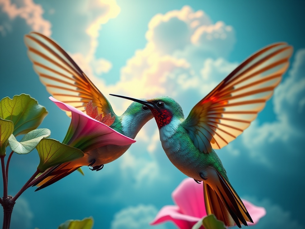 Two vibrant hummingbirds sip nectar from a pink flower against a bright blue sky.