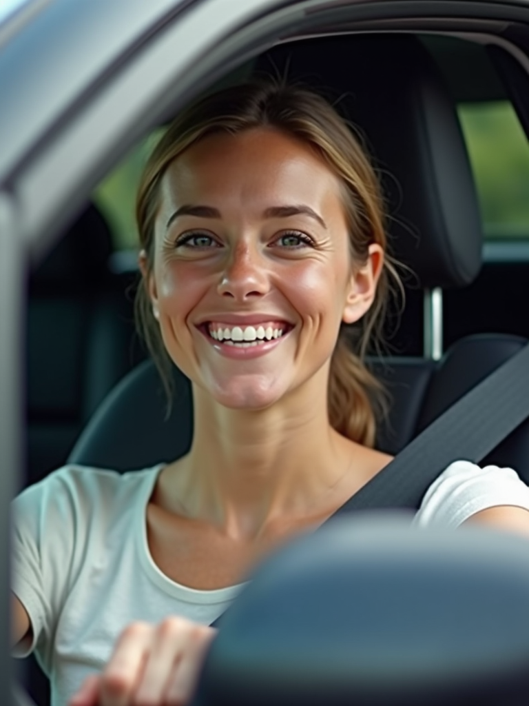 A smiling woman is sitting in the driver's seat of a car, wearing a seatbelt and looking content.