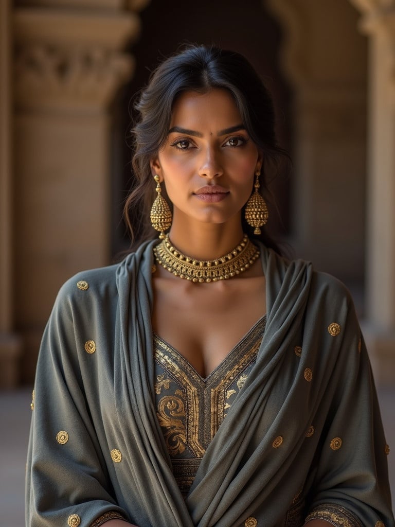 Elegant Indian woman in cultural setting. She wears a heavy grey shrug with golden patterns. Underneath, a heavily designed blouse in Bridgerton style. Plain dark grey lehenga completes the look. Large earrings enhance her elegance. Natural lighting highlights outfit details and confidence. The ambiance reflects Indian heritage.