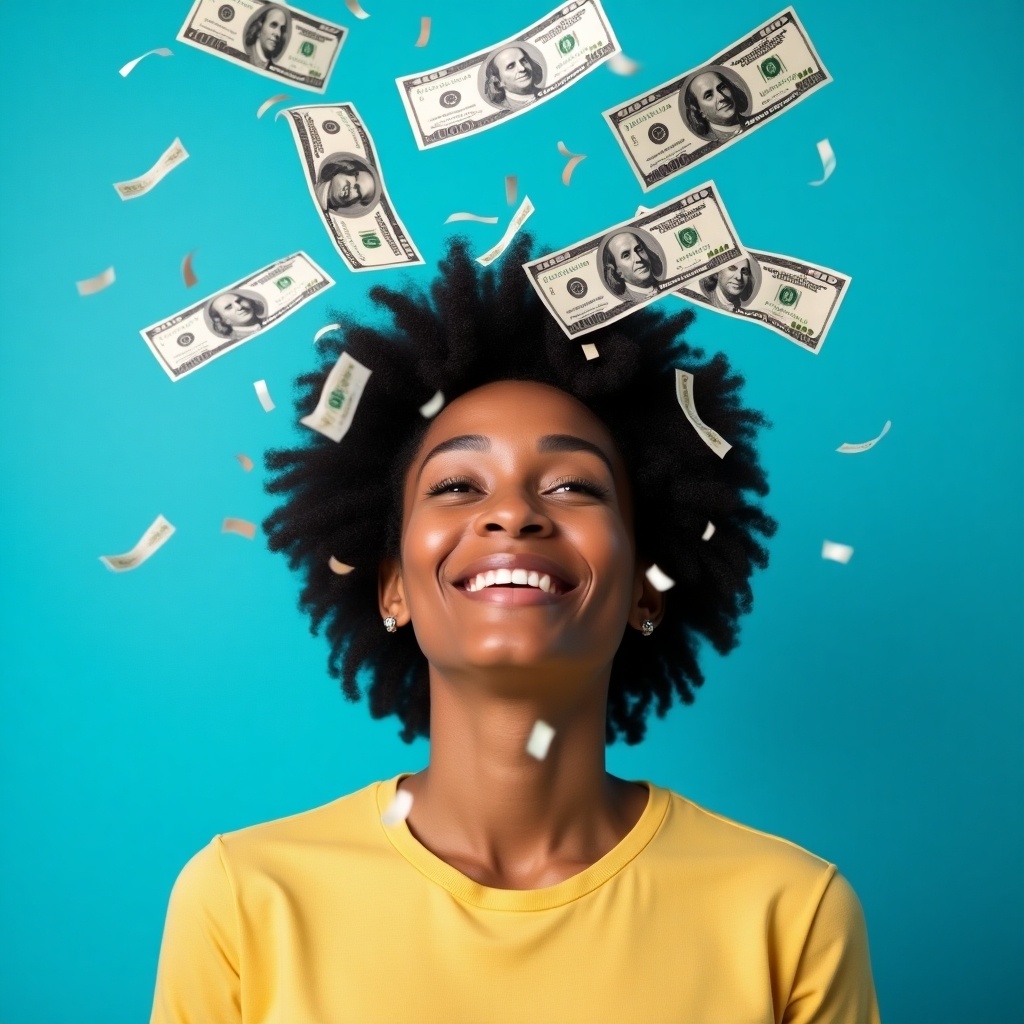 This image features a young woman with a stylish afro hairstyle, smiling joyfully as dollar bills rain down around her. The backdrop is a vibrant turquoise, enhancing the celebratory mood. She wears a simple yellow shirt, which contrasts nicely with the colors of the money. The falling cash appears to represent financial success and happiness. Overall, the scene conveys a sense of joy and prosperity, capturing the essence of celebration.