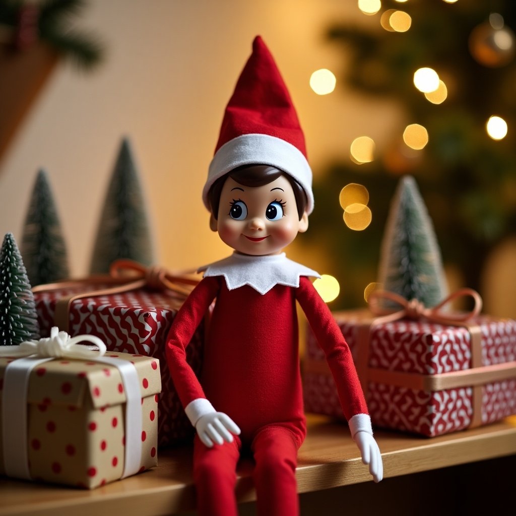 The image features a cute elf doll with a classic red outfit and white collar sitting on a wooden shelf. The background is filled with soft, twinkling lights and Christmas decorations, creating a warm and inviting atmosphere. The elf's expression is cheerful and playful, appealing to both children and adults during the holiday season. Surrounding the elf are beautifully wrapped presents and decorative trees, enhancing the festive scene. This charming setup embodies the joyful spirit of Christmas and the whimsical Elf on the Shelf tradition. It invites viewers to embrace the joy of the season and celebrate holiday cheer.