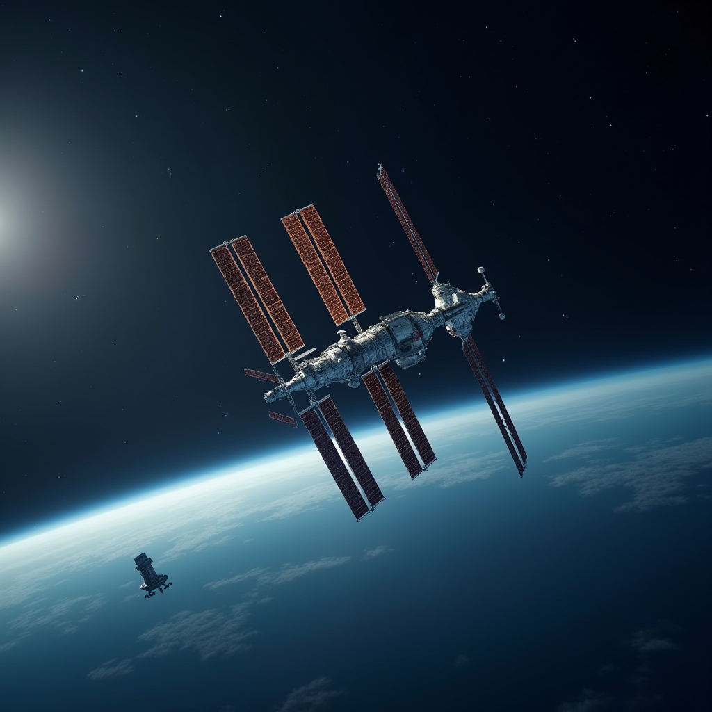 A space station orbits above Earth, illuminated by the distant sun, with a smaller satellite nearby.