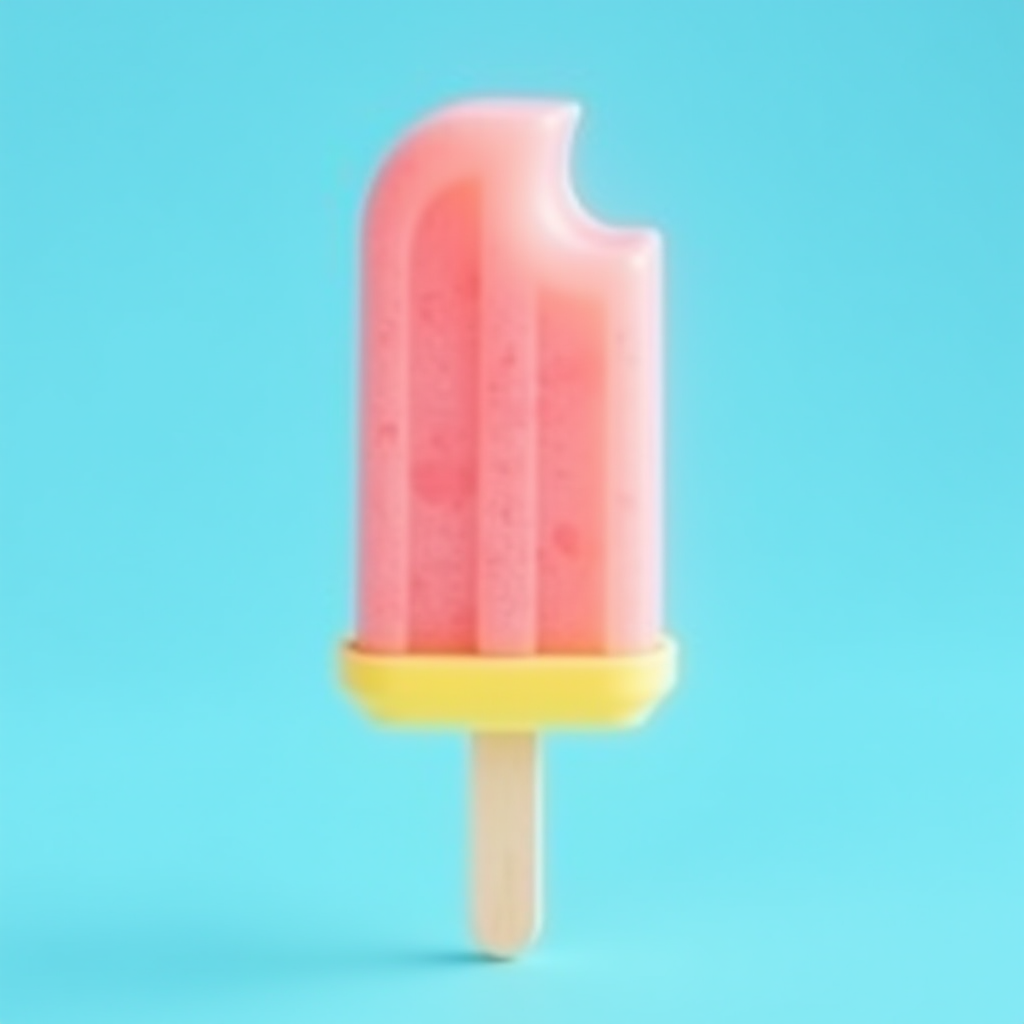 A pink popsicle with a bite taken out sits against a bright blue background, featuring a yellow handle.