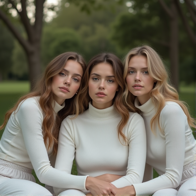 Three young women in matching white turtlenecks posing together in a lush, green outdoor setting.