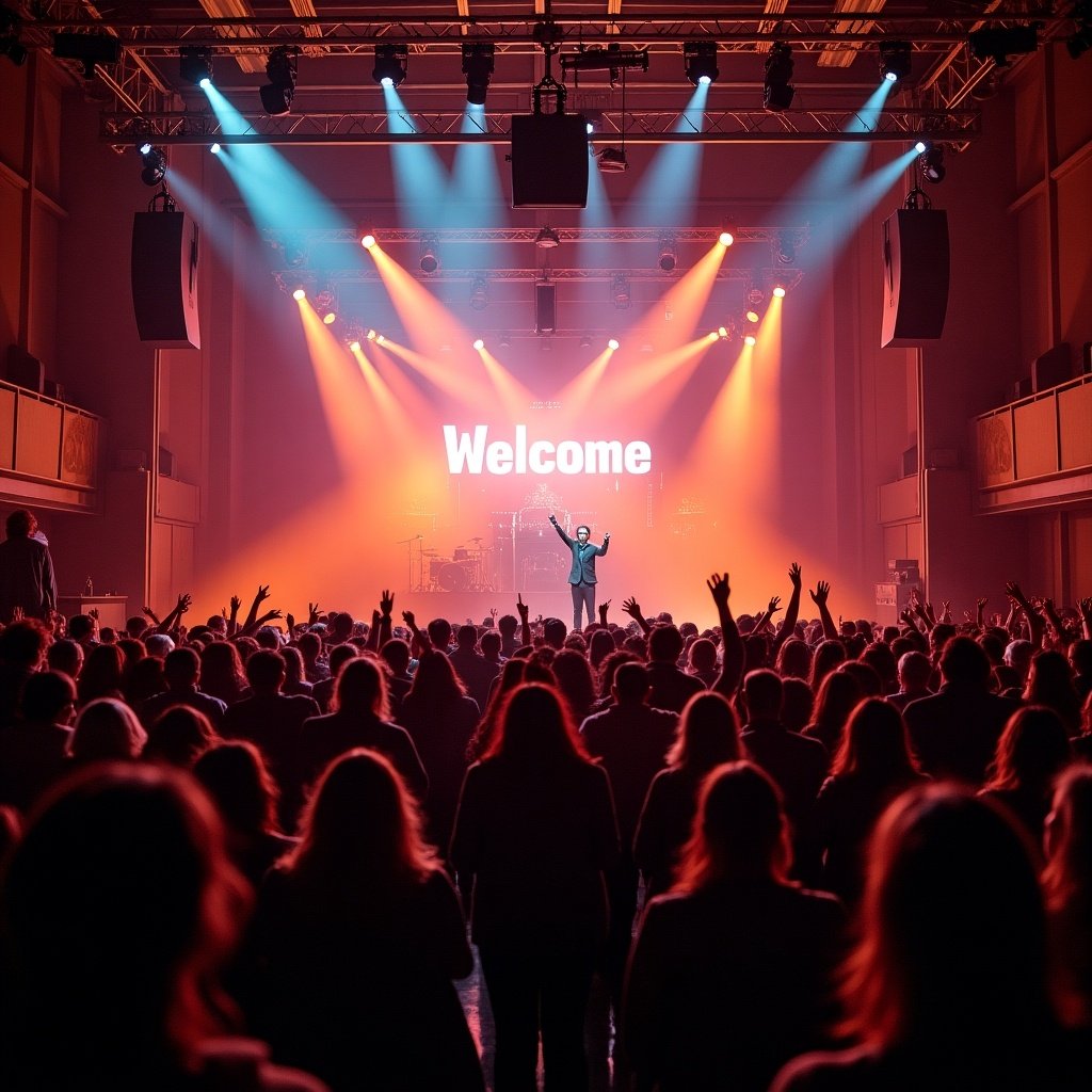 Stage with performer welcoming the crowd. Colorful lights fill the venue. An excited audience stretches hands towards the performer. The atmosphere is festive and energetic.