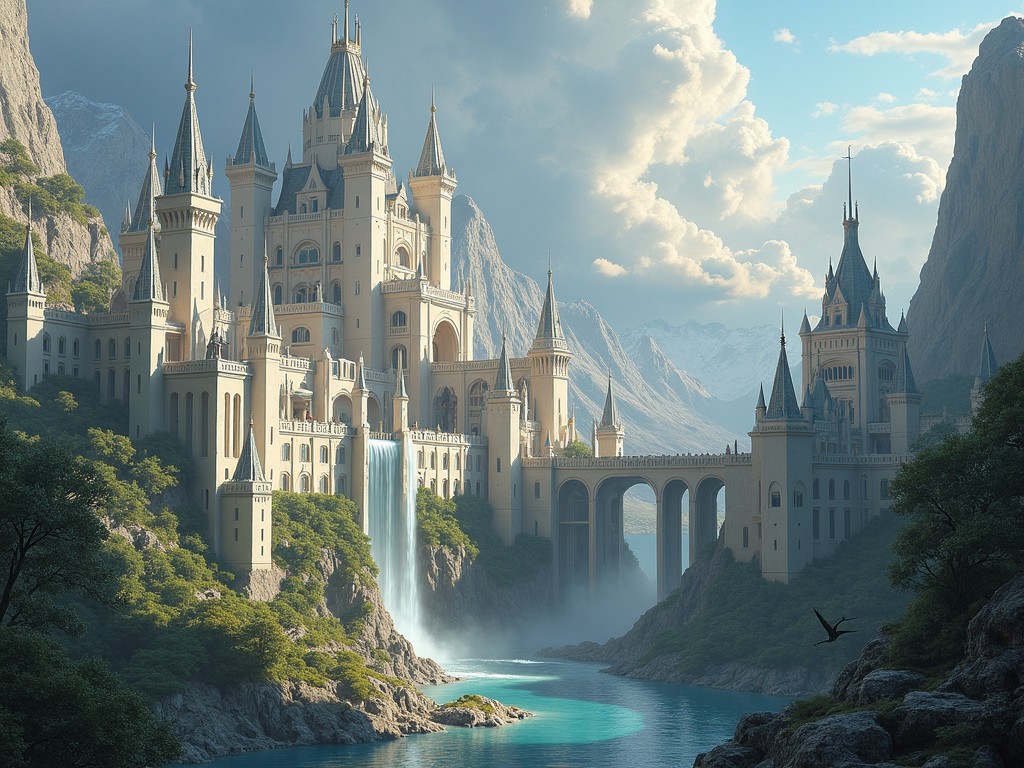 This image depicts a magnificent, otherworldly castle made of white stone, set at the bottom of a volcano. The architecture features tall spires and intricate designs, suggesting a fairytale aesthetic. It has glass roofs on many of its round rooms. The surrounding city is vibrant with libraries, art, and lush greenery. A starlight river flows through the castle and culminates in a beautiful waterfall. The scene evokes themes of grandiosity and fantasy, inviting viewers to explore its enchanting domain.