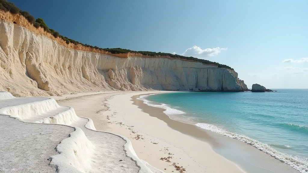 A stunning coastal scene with smooth white cliffs and turquoise water on a sunny day.