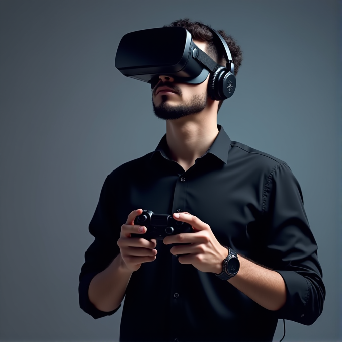 A man wearing VR goggles plays with a controller, fully immersed in a virtual reality experience.