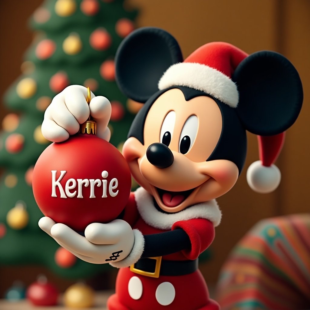 Mickey Mouse holds a red ornament with the name Kerrie. Background features a Christmas tree. Mickey wears a Santa outfit.