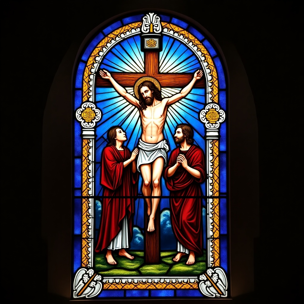 Stained glass design showing a crucified man on the cross surrounded by two individuals in red robes. Brightly colored background with blue and yellow elements.