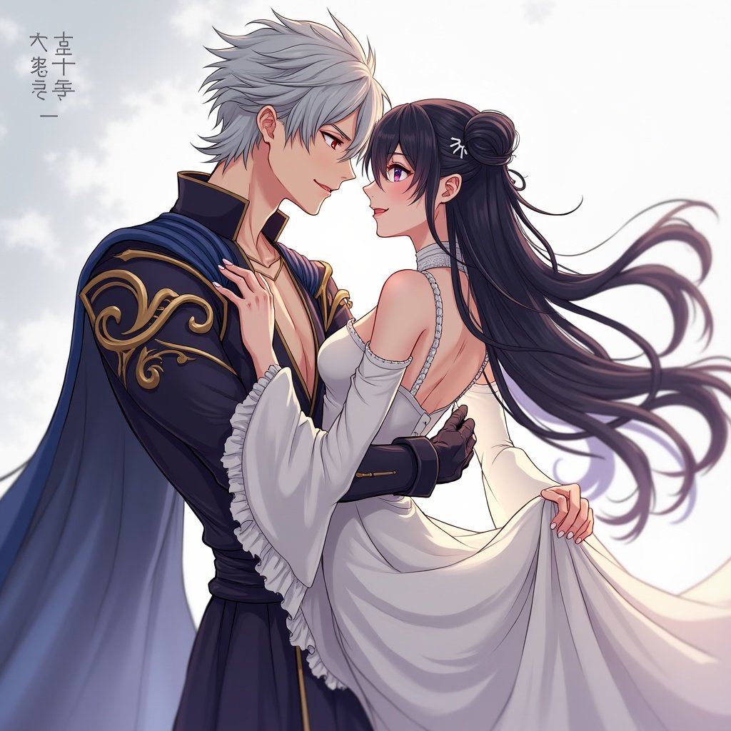 A striking man with short silver hair and piercing red eyes dressed in elegant Paladin attire holds a graceful woman with jet-black hair and mesmerizing purple eyes at her waist. She wears a flowing white dress that accentuates her slender form. Both wear gentle smiles with their gazes locked in a romantic exchange. The man's muscular frame contrasts with the woman's delicate beauty. The scene conveys a historical fantasy vibe, illustrated in manhwa style.