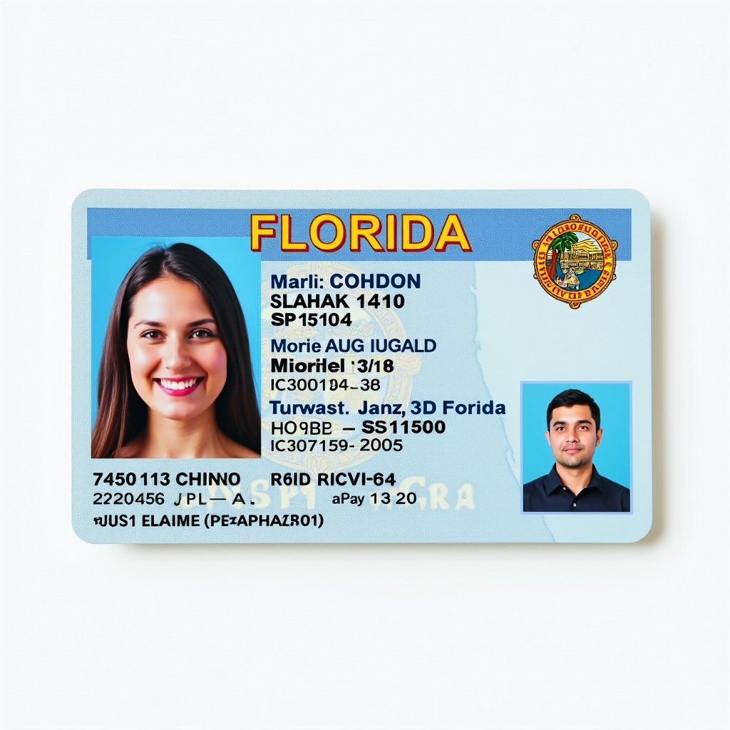 Image shows a realistic Florida driver's license. Features personal details, unique ID number, and state logos. Color scheme is light blue with gold accents. Standard design layout of state-issued ID. Organized and easy to read.