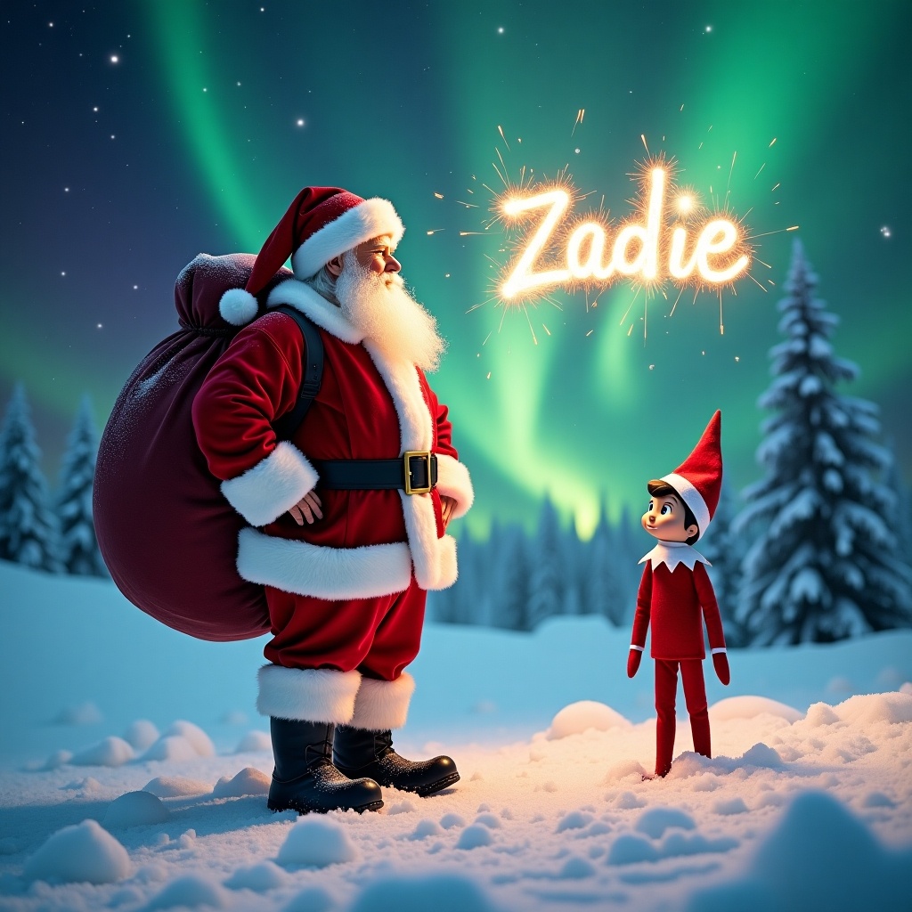 Create a magical holiday scene featuring Santa Claus and the Elf on the Shelf. Santa stands proudly in his red suit, surrounded by snow and the beautiful Northern Lights. The Elf, bright and spirited, admires the view beside him. Above, a sparkler trail forms the name 'Zadie' in a dazzling display. The atmosphere radiates warmth, joy, and festive spirit. This enchanting moment captures the essence of Christmas wonder for children and families.