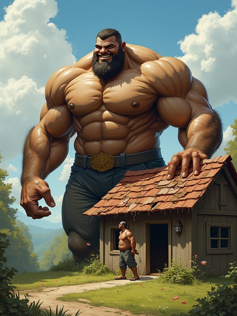 Gigantic muscular man stands near a small house. His muscles appear exceptionally large. He removes the roof of the house. A smaller person inside looks scared. The giant smiles down at the smaller figure.