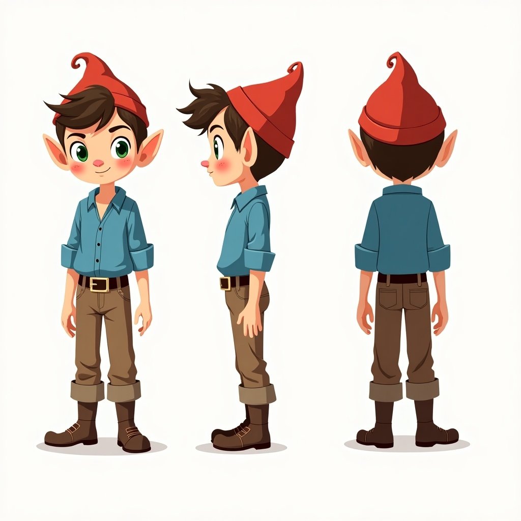 This image features a character turnaround of a young elf boy. He stands proudly in three positions: front, side, and back. He wears a blue shirt and brown pants, accentuated by a red pointed cap. His pointed ears peek out beneath his cap, while his green eyes and brown hair give him a charming appearance. The design is cute, making it suitable for children’s media.