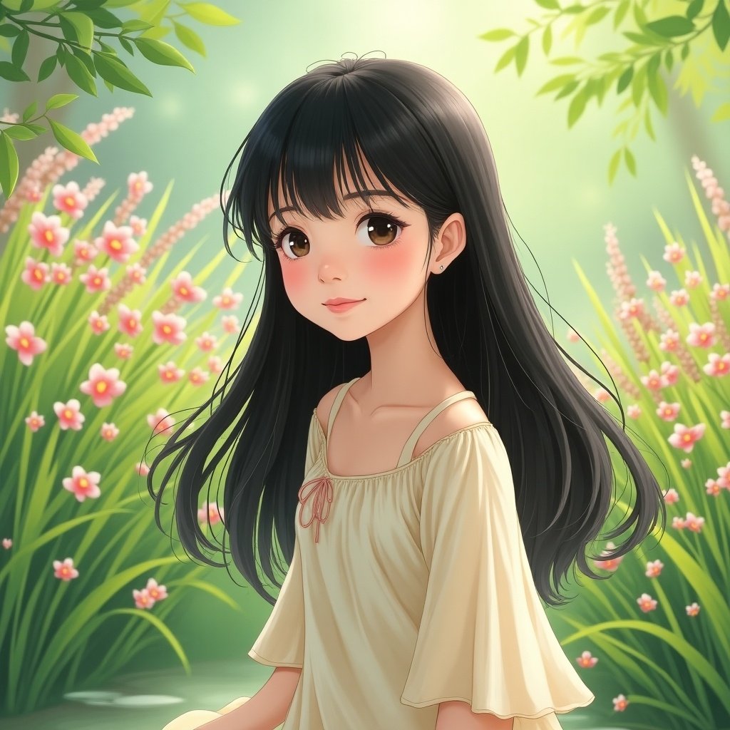 A girl with long hair wearing a light dress stands amidst flowers and greenery. She has a serene expression and is surrounded by nature.