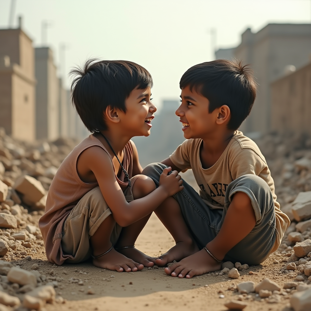 Two children sit on a dusty path sharing smiles and laughter against a backdrop of simple buildings.