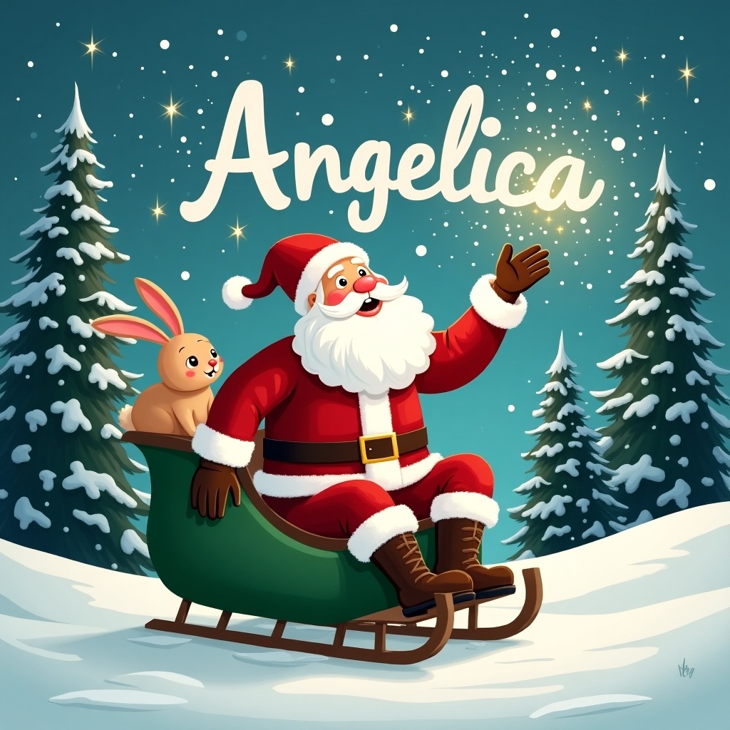 The image depicts Santa Claus in a snowy landscape, joyfully conjuring magical writing in the sky that spells 'Angelica'. He is dressed in a classic red and white suit, sitting in a green sled. A friendly rabbit accompanies him, adding a whimsical touch. Tall evergreen trees dusted with snow create a serene background. The sky is adorned with twinkling stars, enhancing the magical atmosphere. This scene perfectly captures the essence of Christmas and holiday cheer, making it ideal for festive occasions.