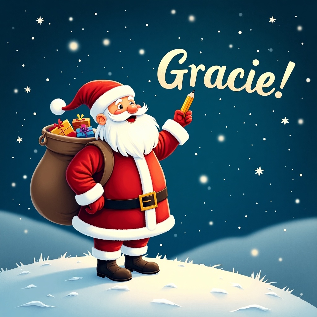 Santa Claus stands on a snowy hill. He holds a pencil and looks up while writing names in the sky. He wears a red and white suit with a sack of gifts. The night sky is bright with stars. The phrase 'Gracie!' is whimsical and festive.