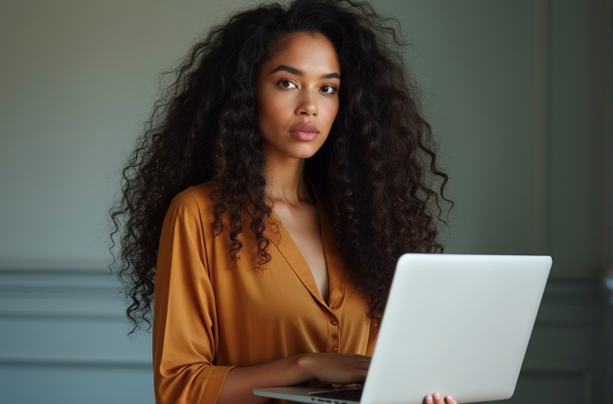 A woman with voluminous curly hair gazes seriously while holding a laptop, wearing an orange blouse in a softly lit room.