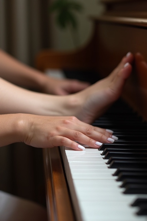 Image features a young woman's feet with white toenail polish positioned over piano keys. Playing piano with feet. No hands in sight. Viewed from the side.