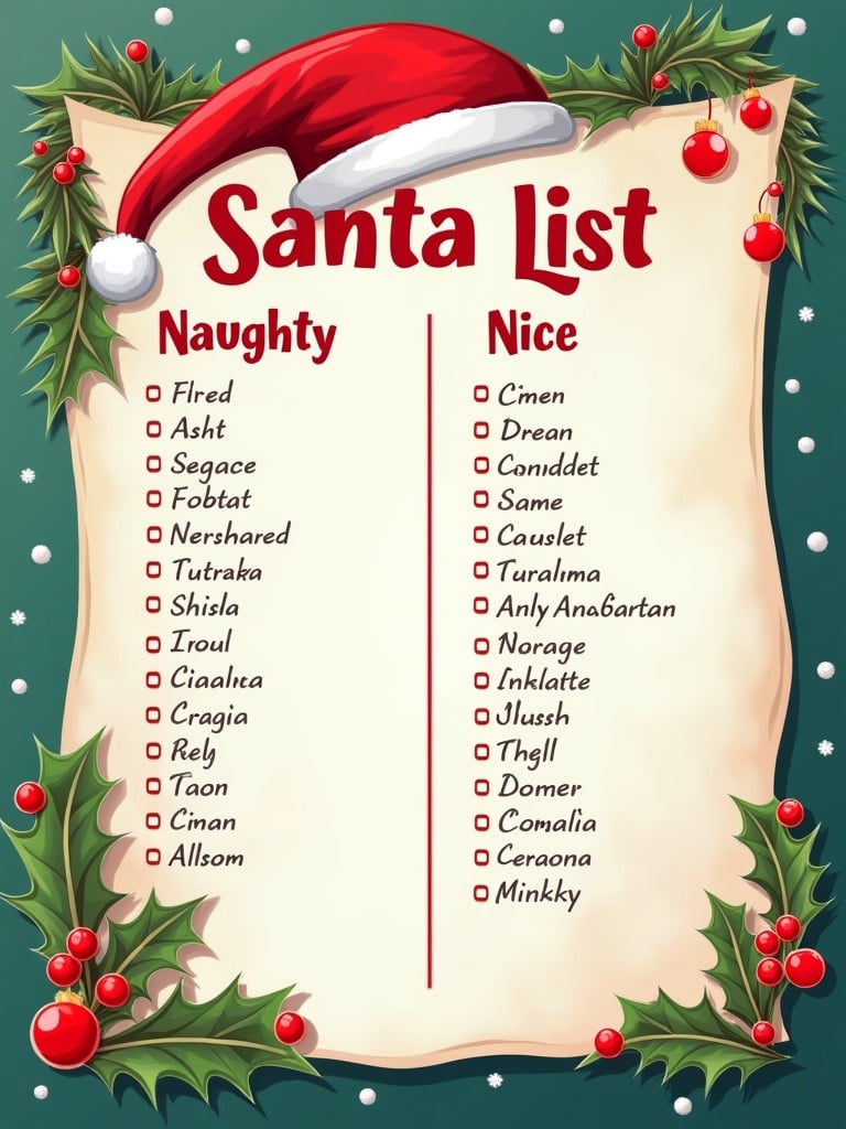 Letter from Santa featuring Naughty and Nice list of names. Scroll decorated with Christmas elements such as holly and ornaments. Vibrant colors create festive atmosphere.