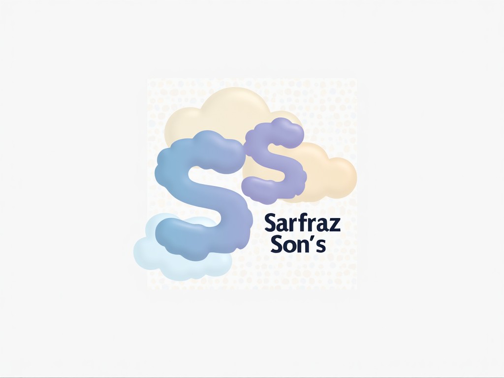 The image features a logo design incorporating the letters 'S' intertwined in a whimsical cloud-like shape. The primary colors used are soft shades of blue and lavender with a hint of cream. The design creates a friendly and approachable aesthetic, ideal for a children's brand or creative business. Below the clouds, the text 'Sarfraz Son's' is displayed in a bold, modern font. The light background adds to the softness and playfulness of the overall design, making it visually appealing to a young audience.