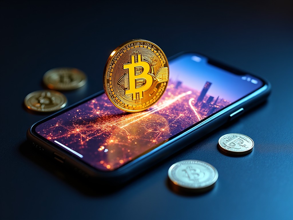 This image features a shiny gold Bitcoin prominently placed on a smartphone. The smartphone's screen showcases a vibrant digital cityscape, hinting at modern technology and finance. Surrounding the smartphone are assorted coins that complement the theme of cryptocurrency. The setting is dimly lit, which enhances the luminous quality of the Bitcoin. This composition creates an intriguing focal point that embodies the world of digital currency.