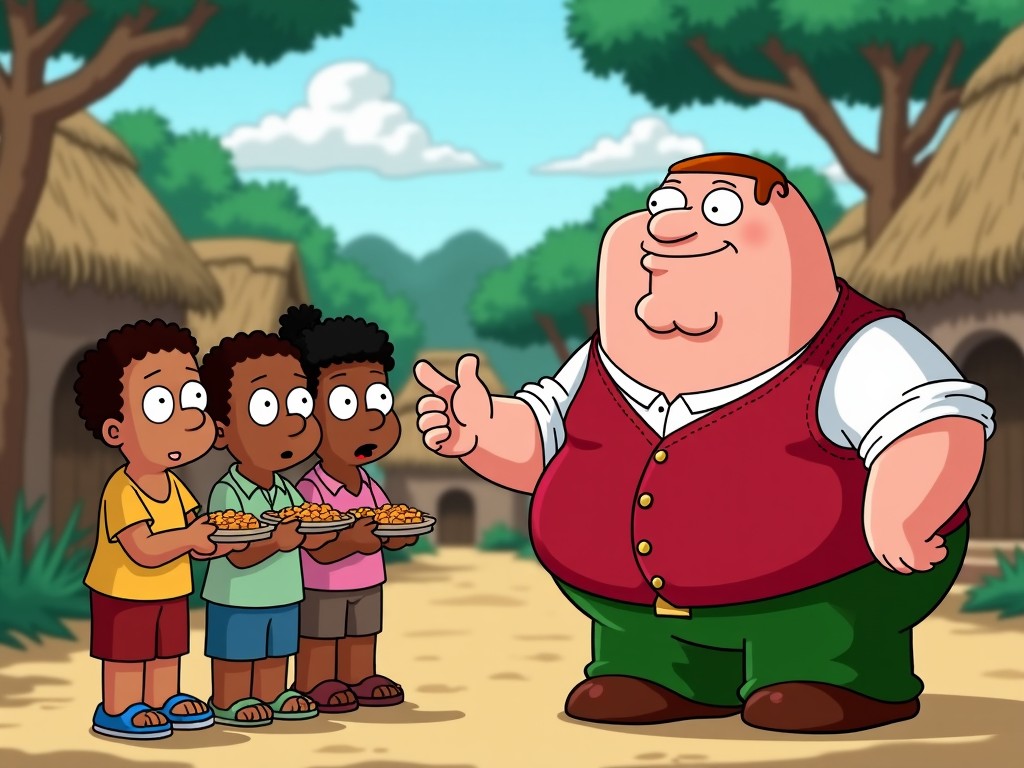 The image features Peter Griffin, a beloved animated character known for his humorous and often generous nature. He is in an African village setting, dressed in his signature red vest. Standing with him are three children who hold plates of food, looking up at him with expressions of surprise and curiosity. Traditional huts and lush greenery frame the scene, evoking a sense of community. The overall mood conveys warmth and a message of support for the less fortunate.