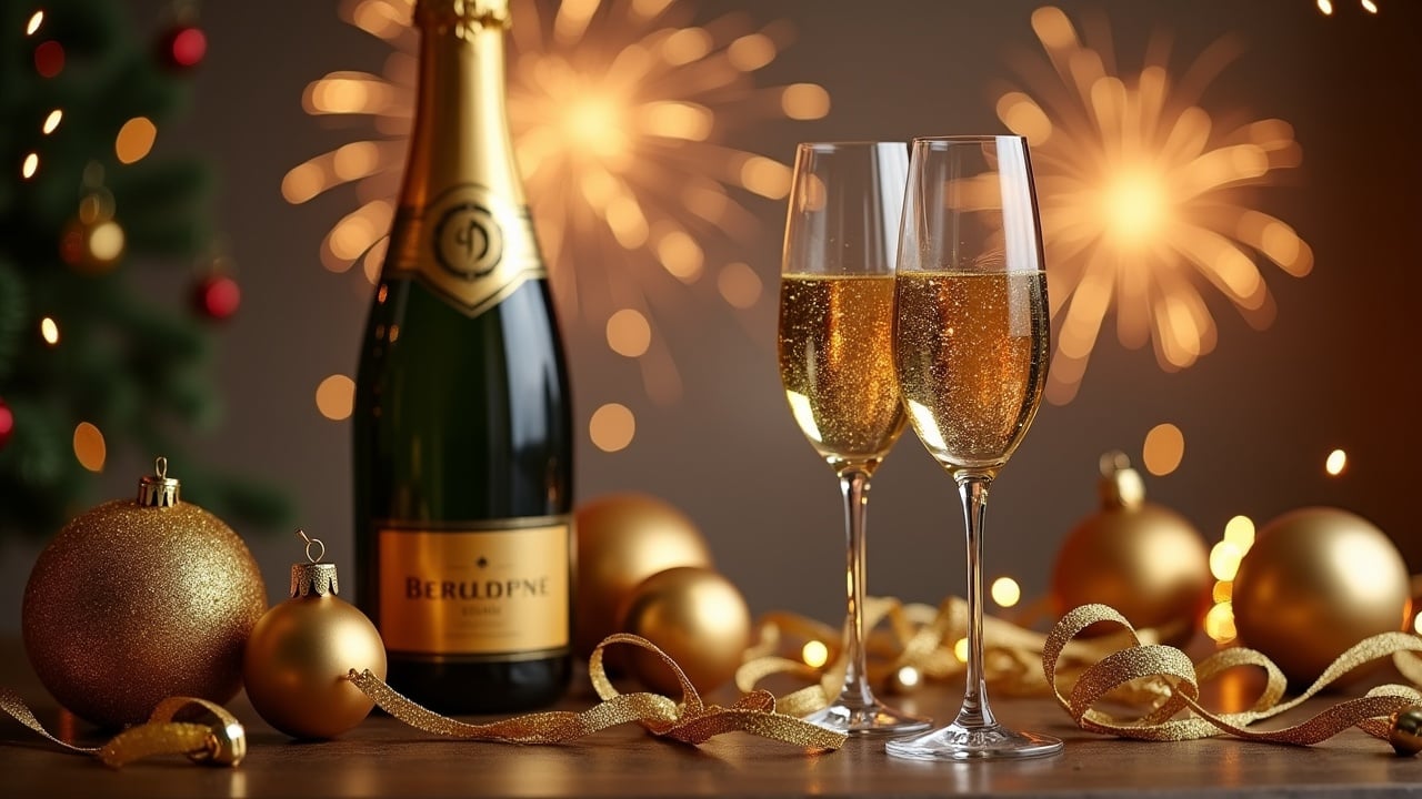 Celebratory scene features a bottle of champagne alongside two filled champagne flutes. Golden decorations like ribbons and baubles adorn the setting. Background showcases bokeh lights and fireworks for a festive touch. Ideal for New Year's Eve or parties. Professional high-quality image in 4k.